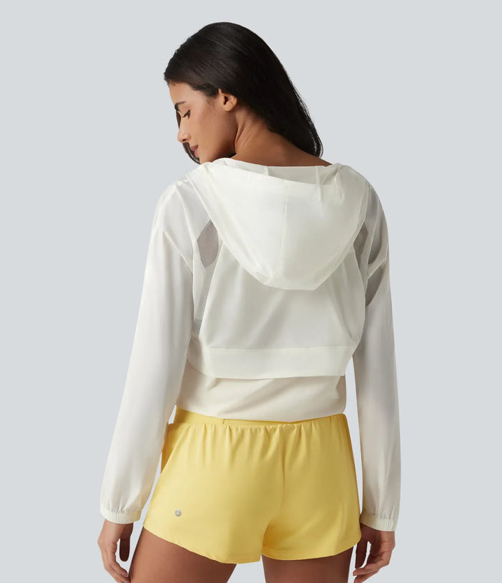 Hooded Long Sleeve Contrast Mesh Running Jacket with Pockets-UPF50+