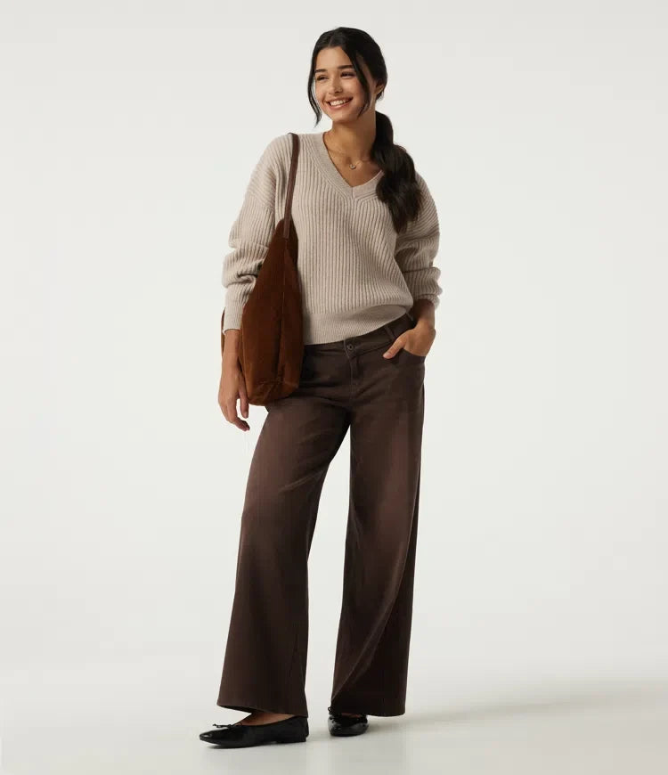 V Neck Dropped Shoulder Long Sleeve Casual Sweater