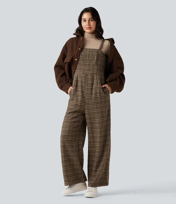 Plaid Casual Jumpsuit with Pockets