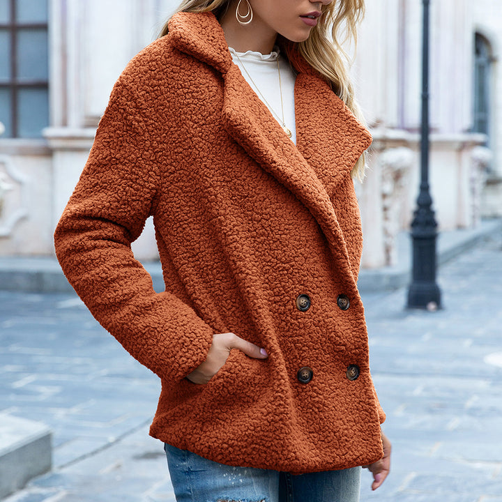 Woman in double-breasted teddy fleece coat