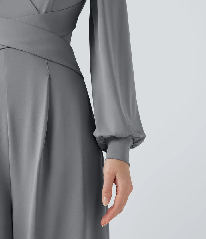 V-neck Puff Long Sleeve Crossover Work Jumpsuit with Pockets-Easy Peezy