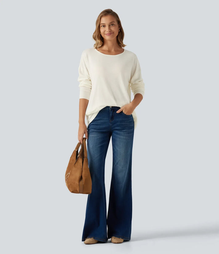 Round Neck Long Sleeve Casual Sweater with Pockets