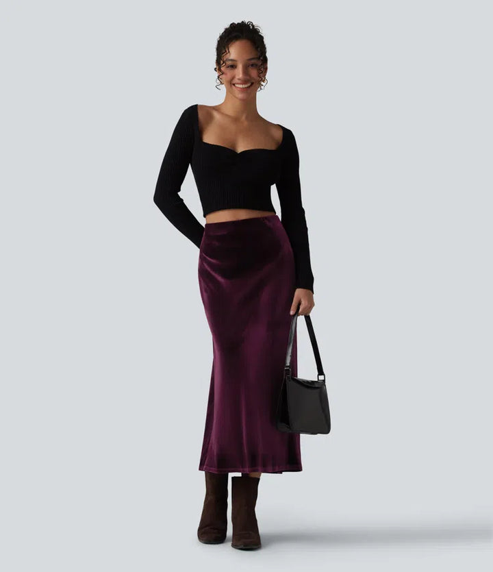 High Waisted Velvet Midi Work Skirt