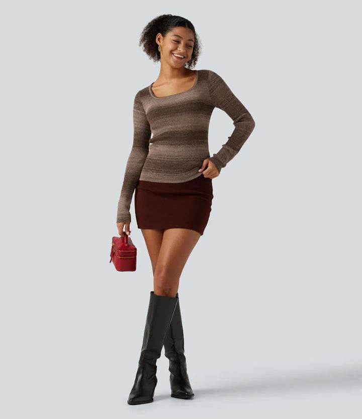 Square Neck Long Sleeve Gradient Stirpe Casual Sweater