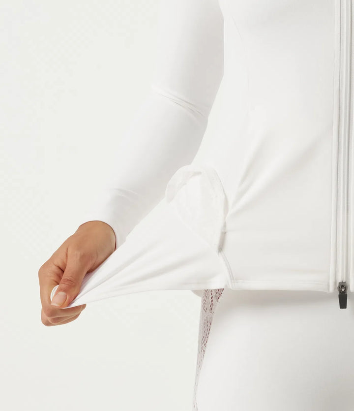 SoftlyZero High Neck Contrast Lace Ruffle Hem Yoga Jacket with Pockets
