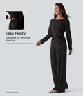 Boat Neck Long Sleeve Tie Side Cool Touch Stripe Work Jumpsuit with Pockets-Easy Peezy Edition