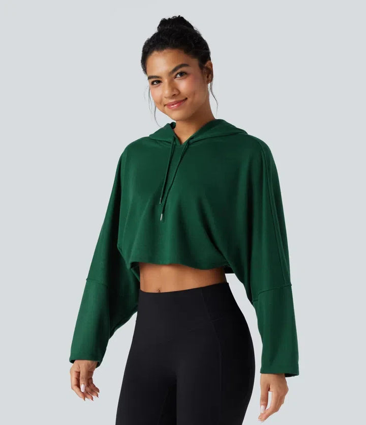 Hooded Dropped Shoulder Cropped Relaxed Casual Sweatshirt
