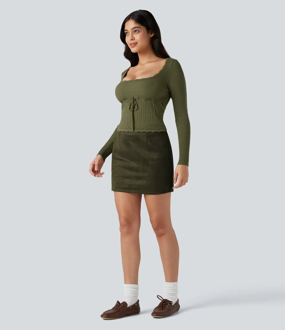 U-Neck Long Sleeve Scallop Trim Casual Sweater