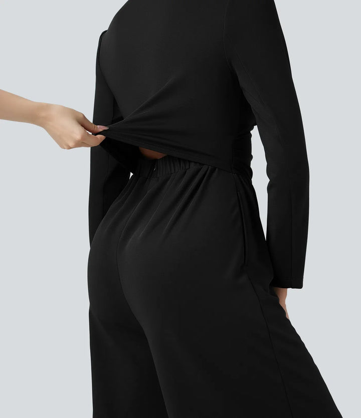 V Neck Long Sleeve Ruched Jumpsuit with Pockets-Easy Peezy Edition