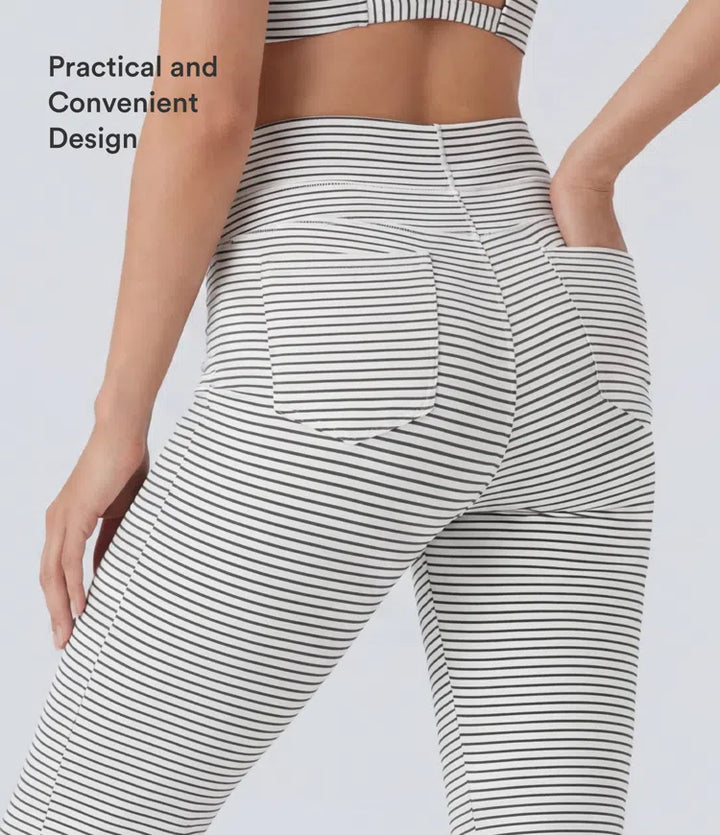 High Waisted Drawstring Stripe Flare Yoga Pants with Pockets