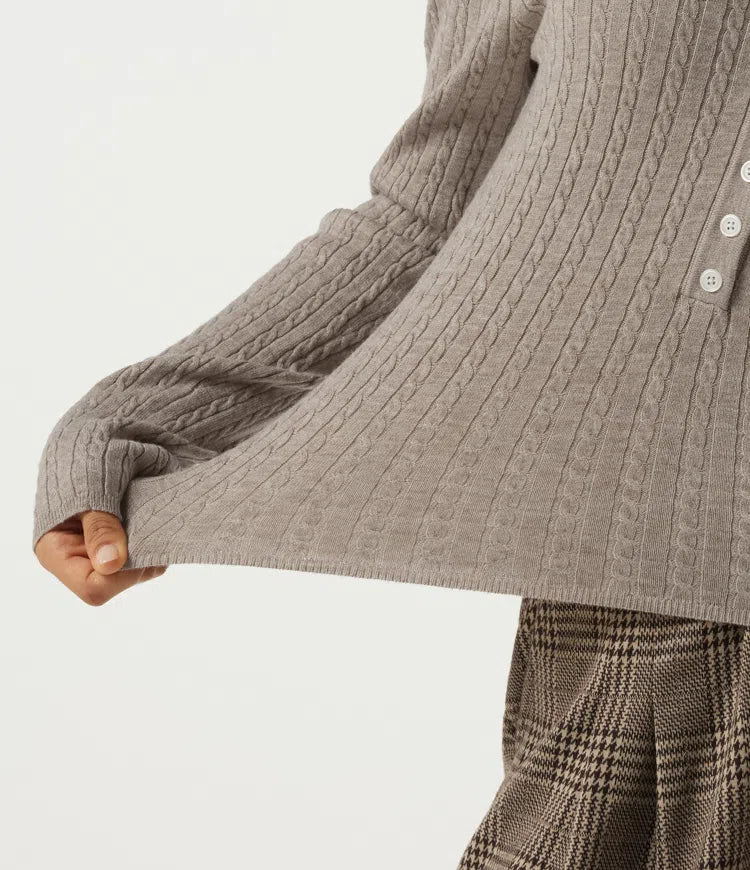 Henley Neck Cable Stitch Long Sleeve Work Sweater