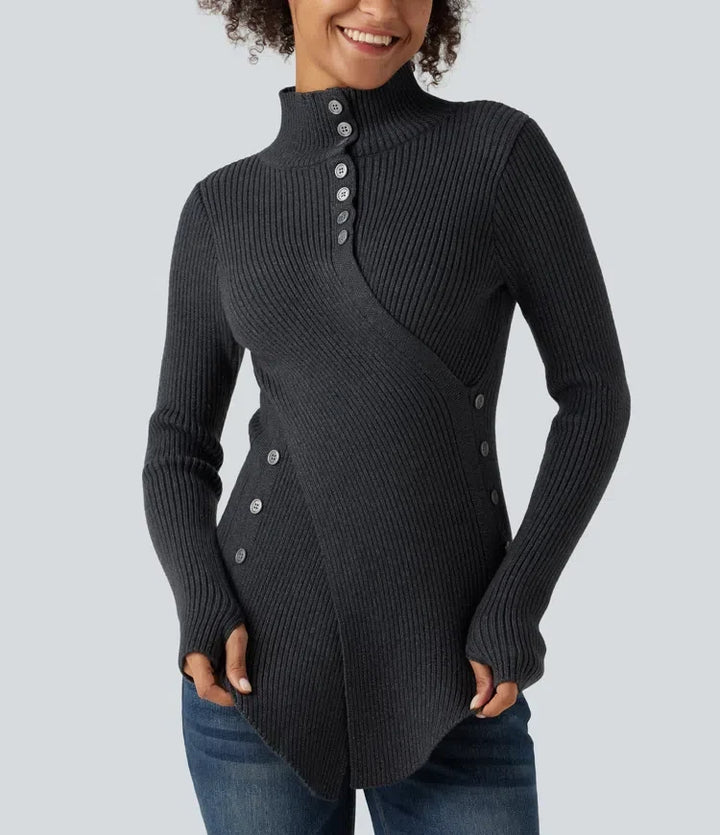Ribbed Knit High Neck Long Sleeve Thumb Hole Crossover Hem Slim Work Sweater