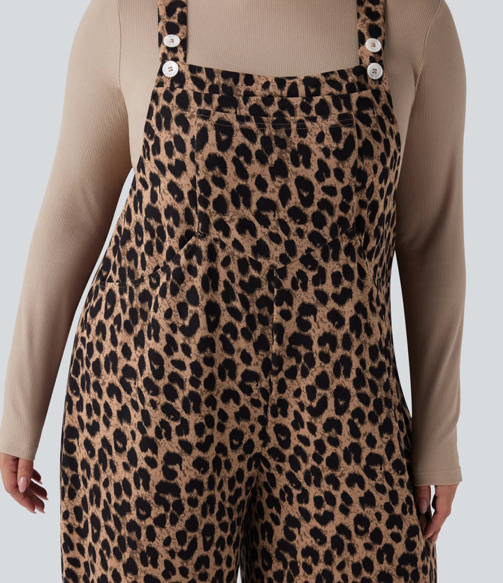 Leopard Print Waffle Casual Plus Size Overalls with Pockets