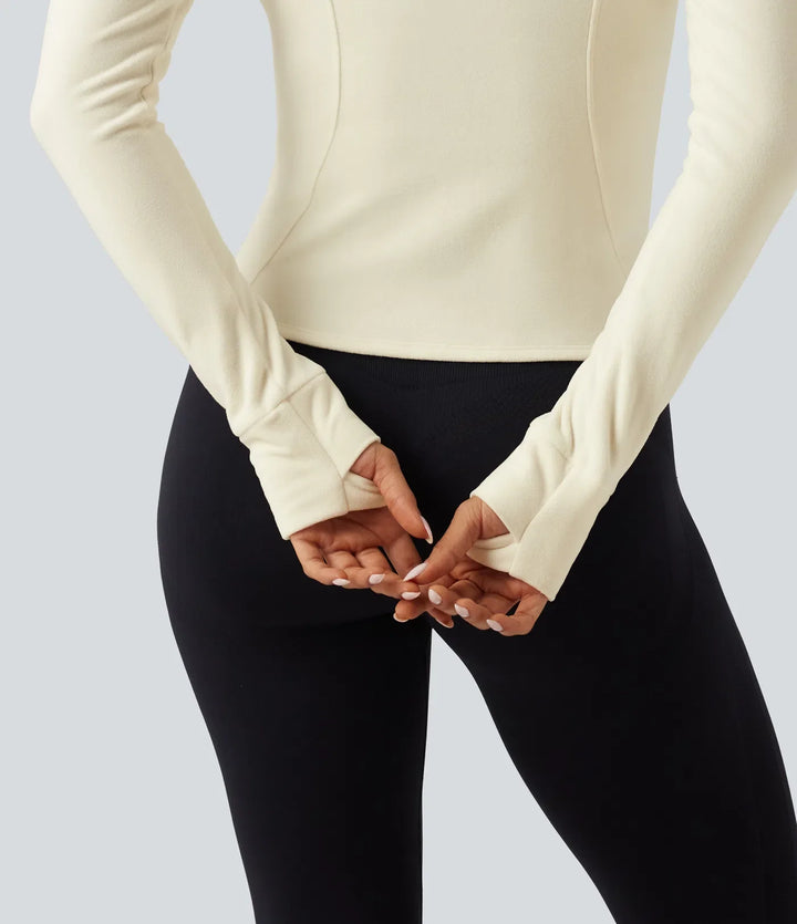 Stand Collar Long Sleeve Fleece Slim Yoga Track Jacket with Thumb Hole and Pockets