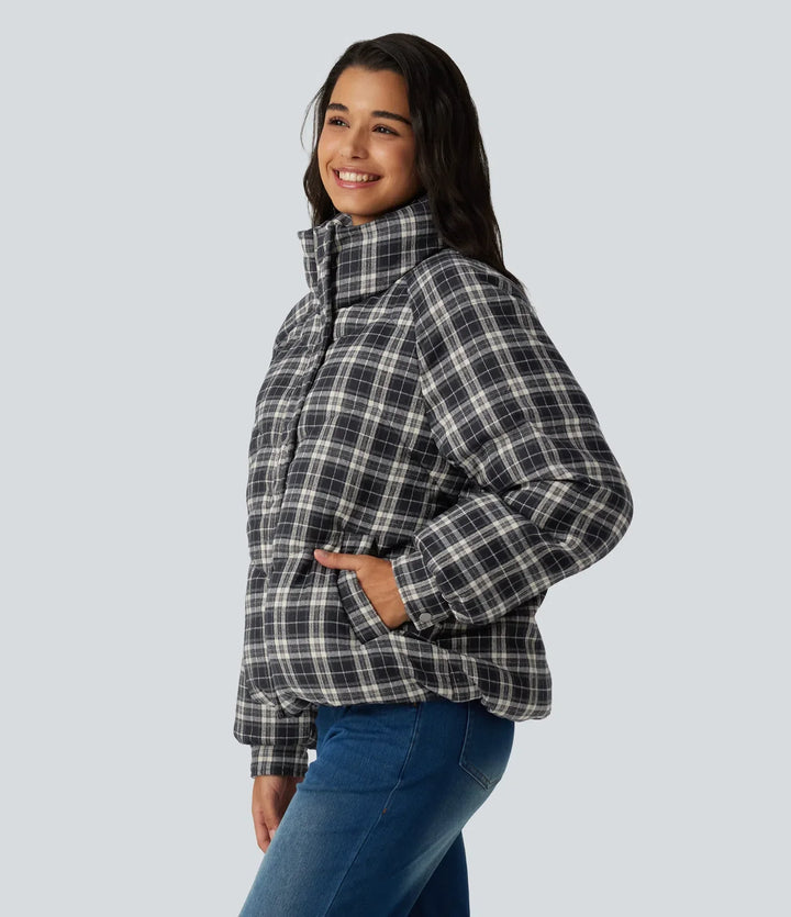 Stand Collar Long Sleeve Plaid Casual Padded Jacket with Pockets