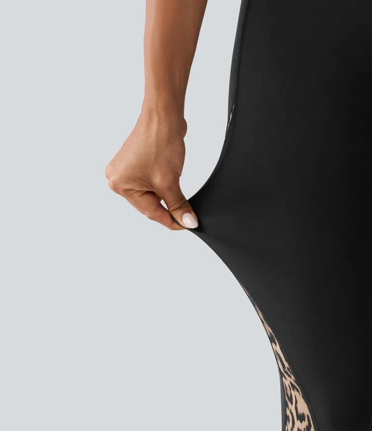 High Waisted Skinny Contrast Mesh Leopard Print Color Block Yoga Leggings with Pockets