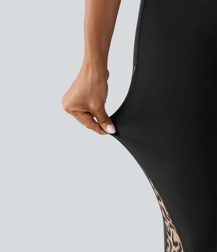 High Waisted Skinny Contrast Mesh Leopard Print Color Block Yoga Leggings with Pockets