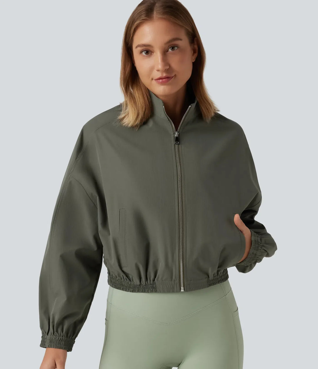 Stand Collar Long Sleeve Running Jacket with Pockets