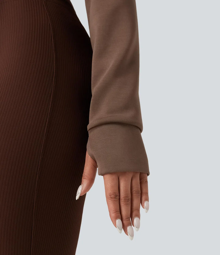SpacerTek Boat Neck Long Sleeve Thumb Holes Casual Sweatshirt