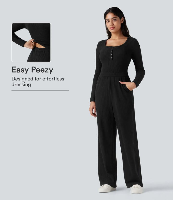 Ribbed Henley Long Sleeve Casual Jumpsuit with Pockets-Easy Peezy