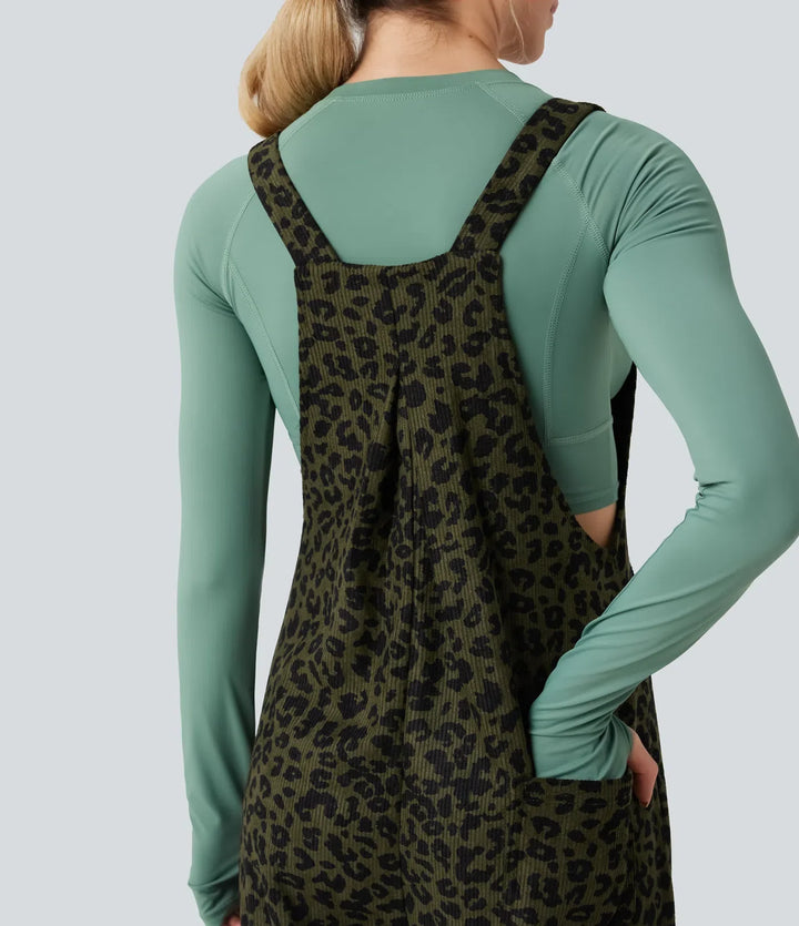 Leopard Print Corduroy Relaxed Casual Overalls with Pockets