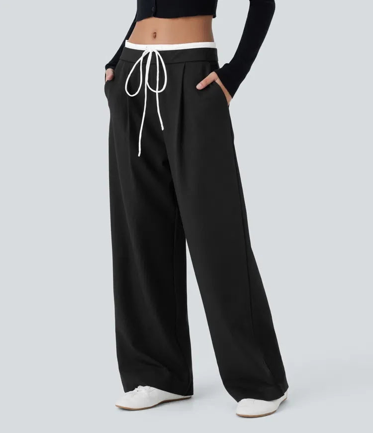 Double-Layer Color Block Low Rise Drawstring Pocket Wide Leg Casual Pants