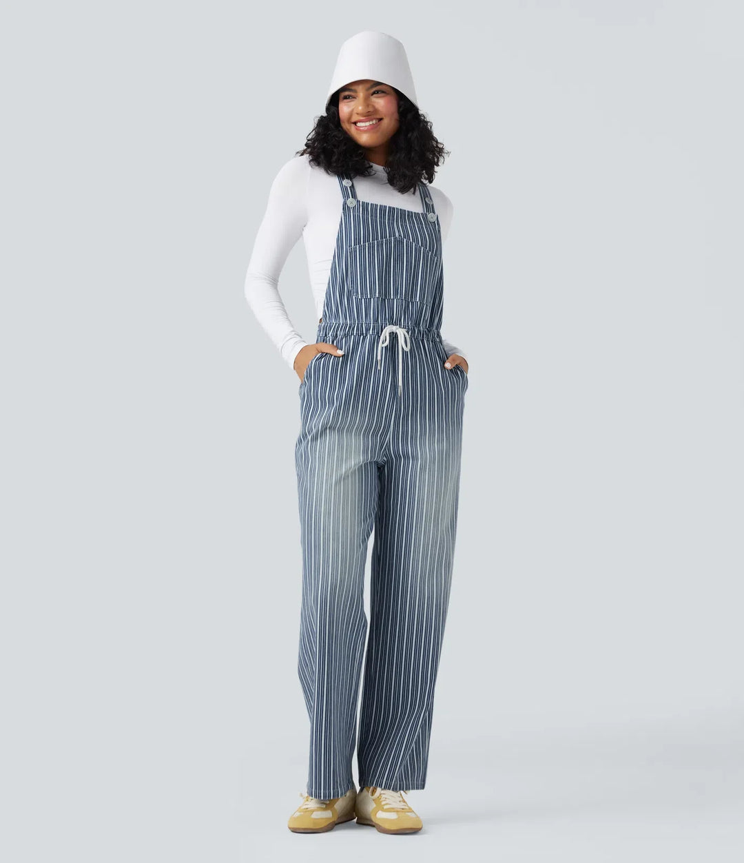 Halara Flex Drawstring Stripe Straight Leg Denim Casual Overalls with Pockets