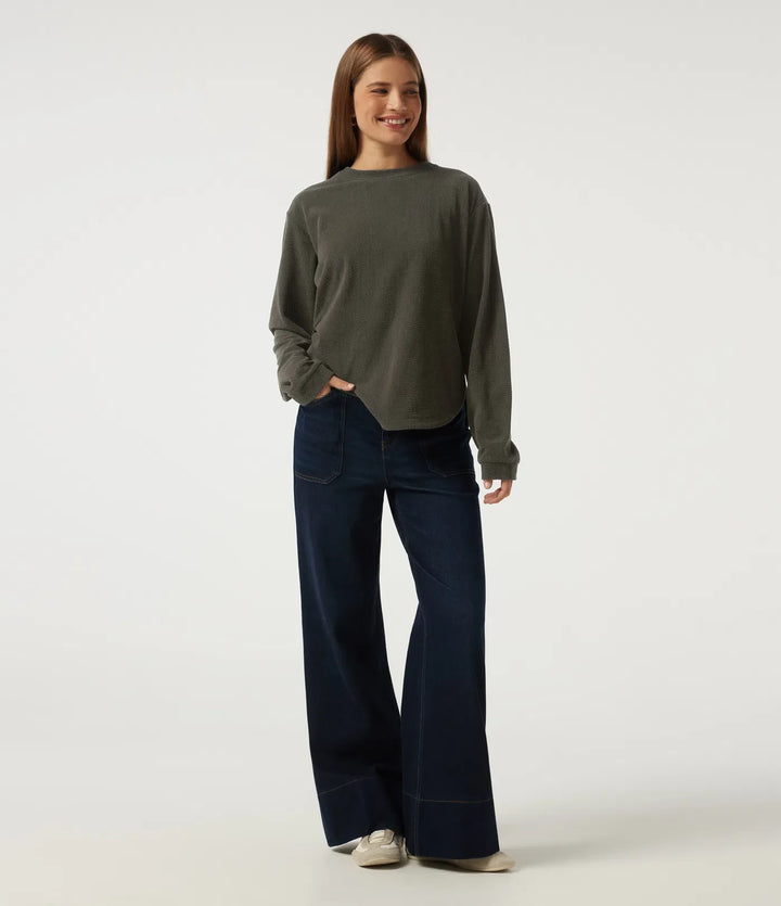 Round Neck Long Sleeve Curved Hem Corduroy Casual Sweatshirt