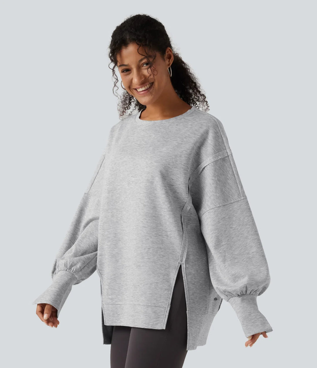 Round Neck Dropped Long Sleeve Slit Hem Casual Sweatshirt