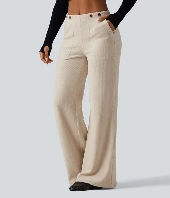 Mid Rise Wide Leg Corduroy Casual Pants with Pockets