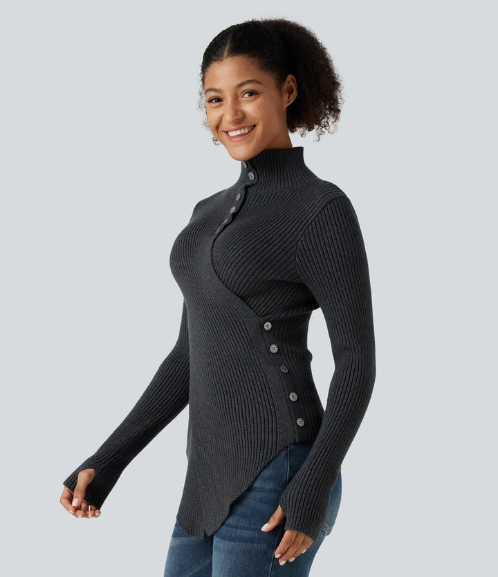 Ribbed Knit High Neck Long Sleeve Thumb Hole Crossover Hem Slim Work Sweater