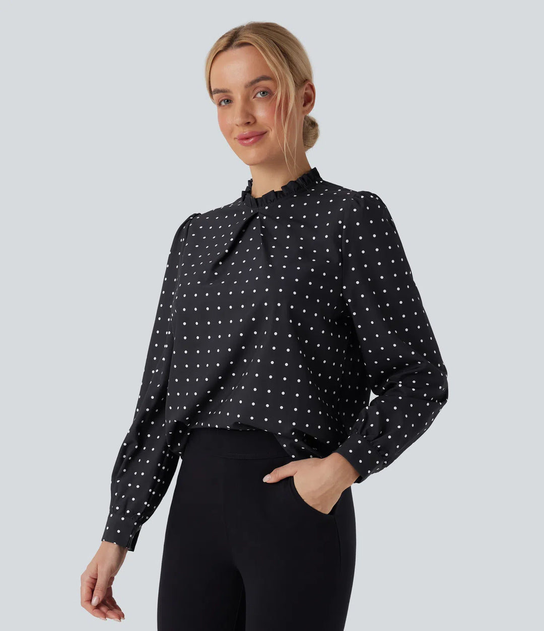 Frill Mock-neck Polka Dot Work Blouse