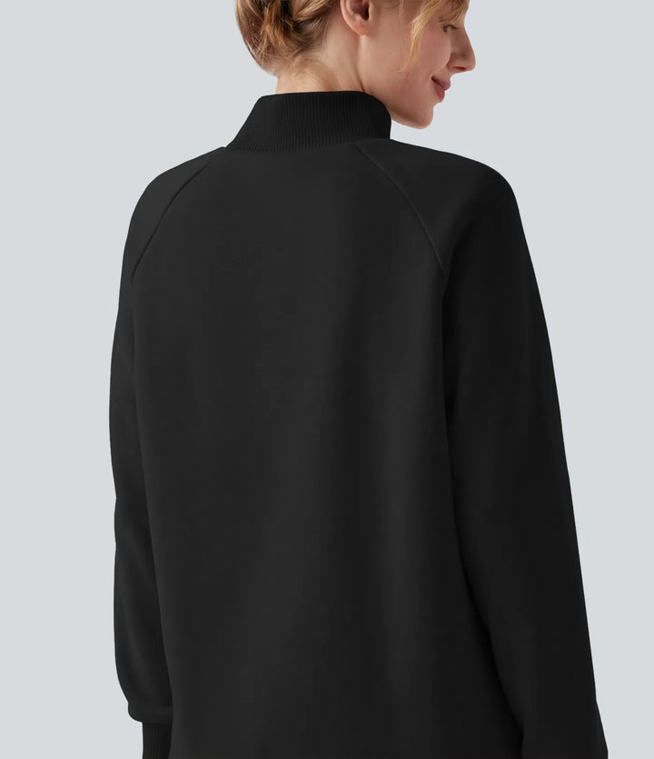 Mock-neck Raglan Long Sleeve Crossover Hem Fleece Casual Sweatshirt