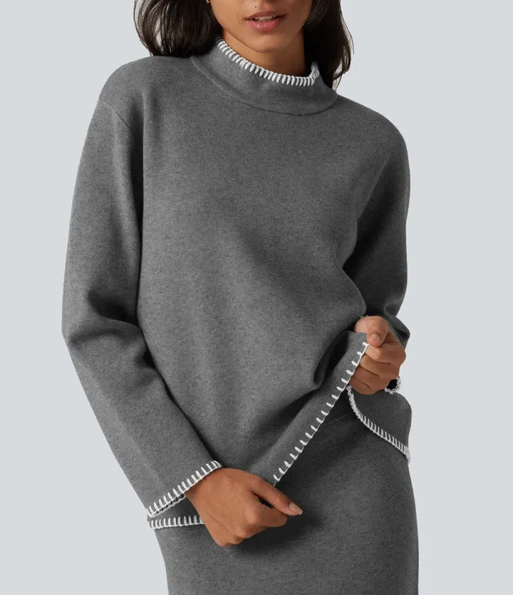 Stand Collar Long Sleeve Crochet Work Sweater