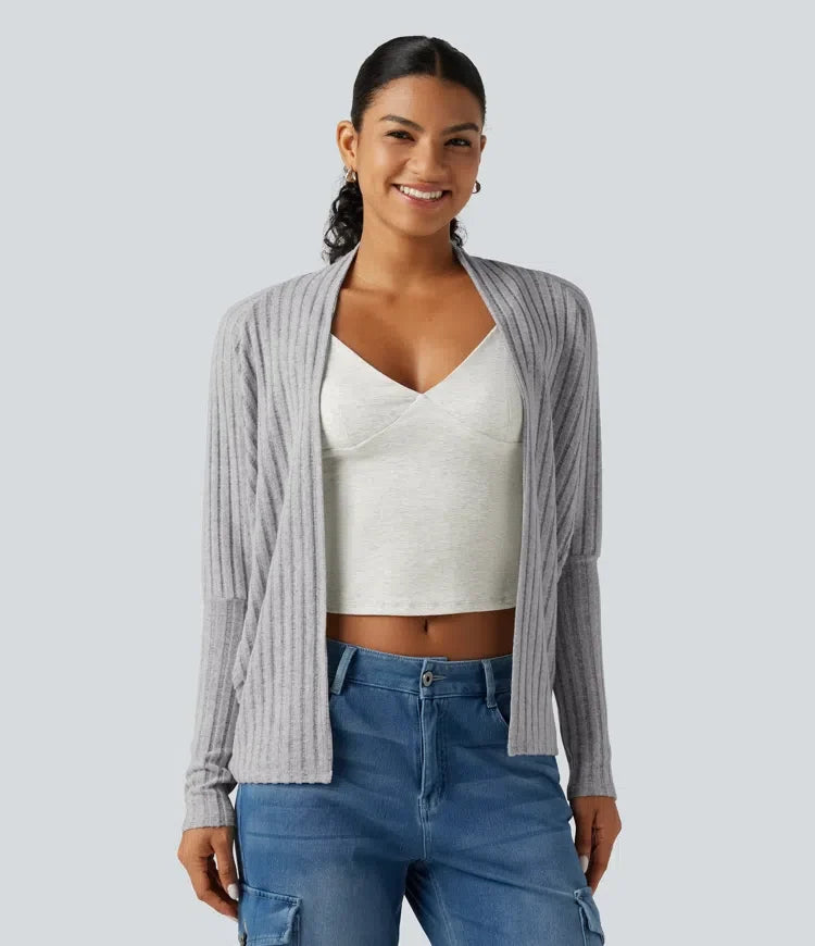 Ribbed Knit Open Front Batwing Long Sleeve Casual Cardigan