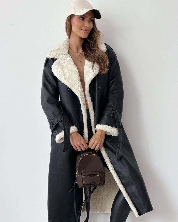 Peyton | Long Double-Breasted Faux Shearling Coat with Belt