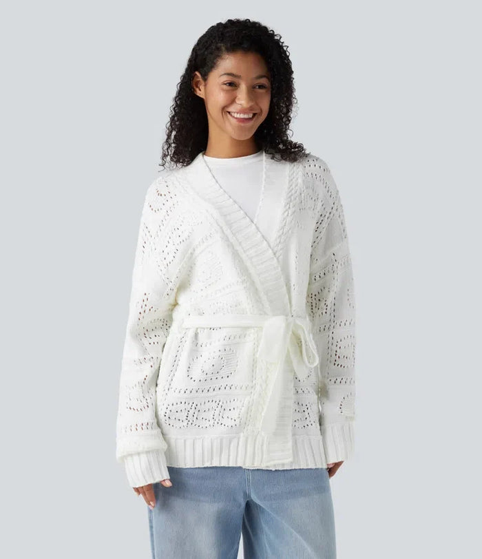 Open Front Long Sleeve Belted Sweater Knit Casual Cardigan