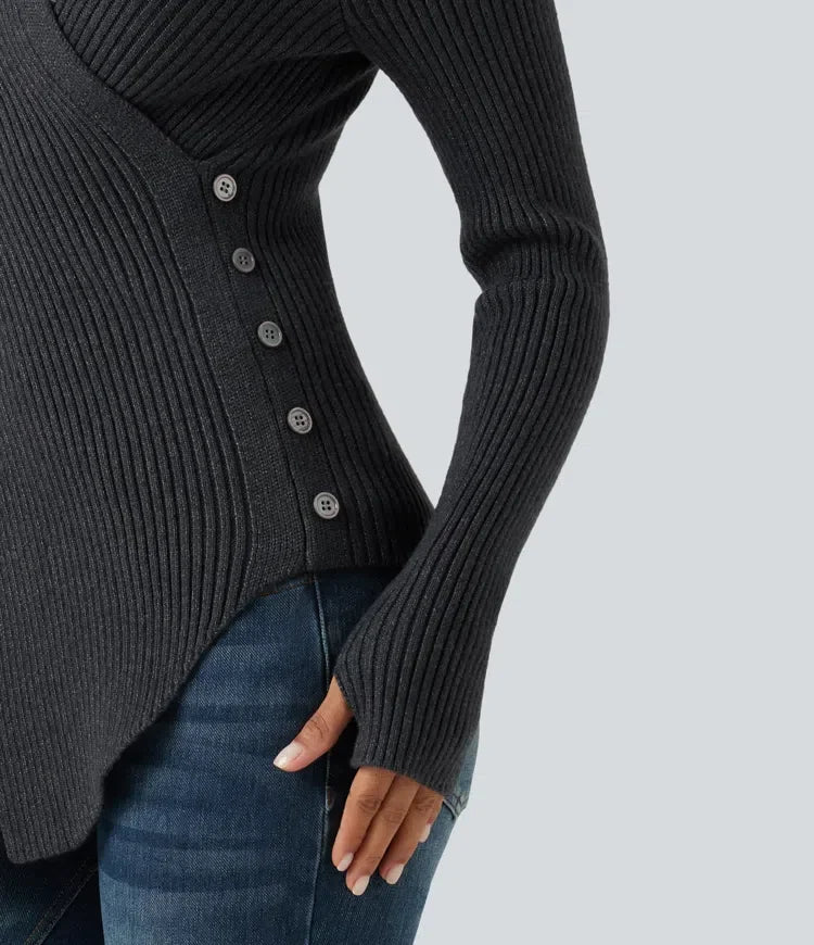 Ribbed Knit High Neck Long Sleeve Thumb Hole Crossover Hem Slim Work Sweater