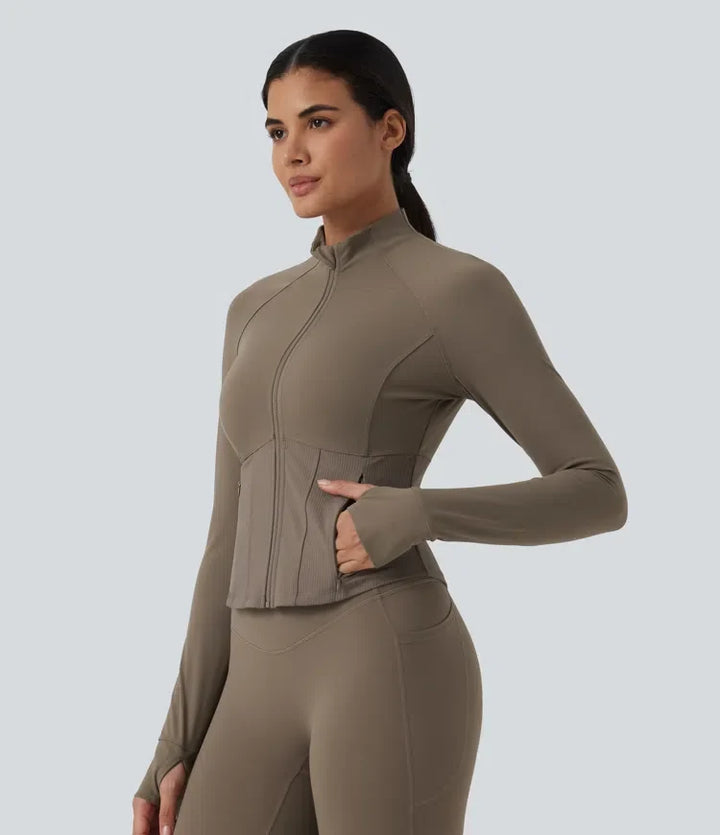 Halara UltraSculpt InstantCool Stand Collar Raglan Thumb Hole Curved Hem Yoga Jacket with Pockets
