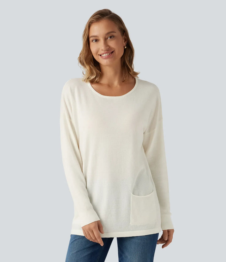 Round Neck Long Sleeve Casual Sweater with Pockets