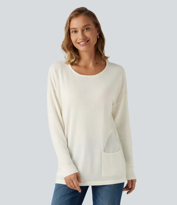 Round Neck Long Sleeve Casual Sweater with Pockets