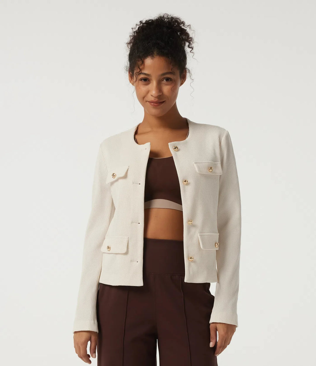 Round Neck Long Sleeve Waffle Casual Jacket