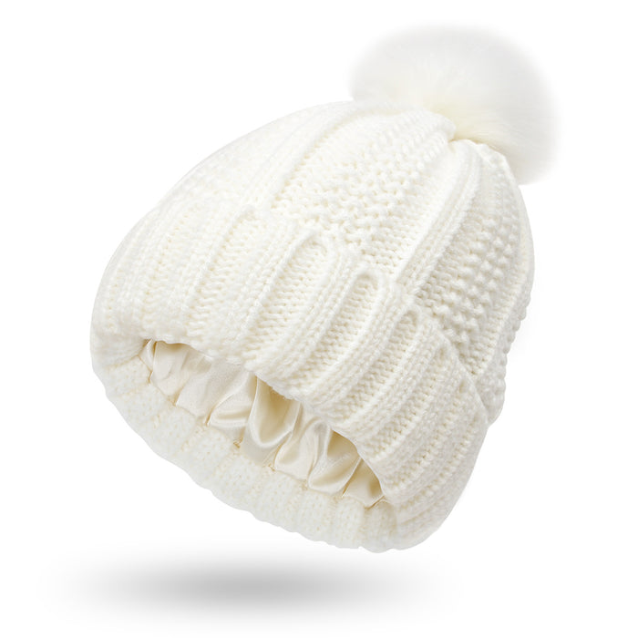 Madison | Satin Lined Knit Beanie with Faux Fur Pom Pom
