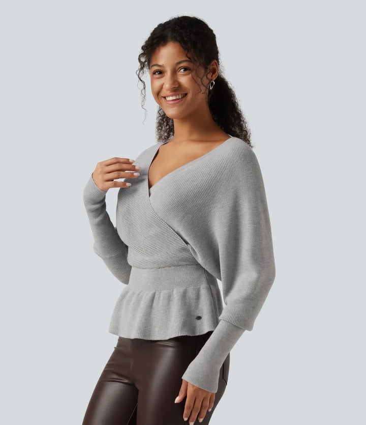 V Neck Batwing Long Sleeve Cut Out Casual Sweater