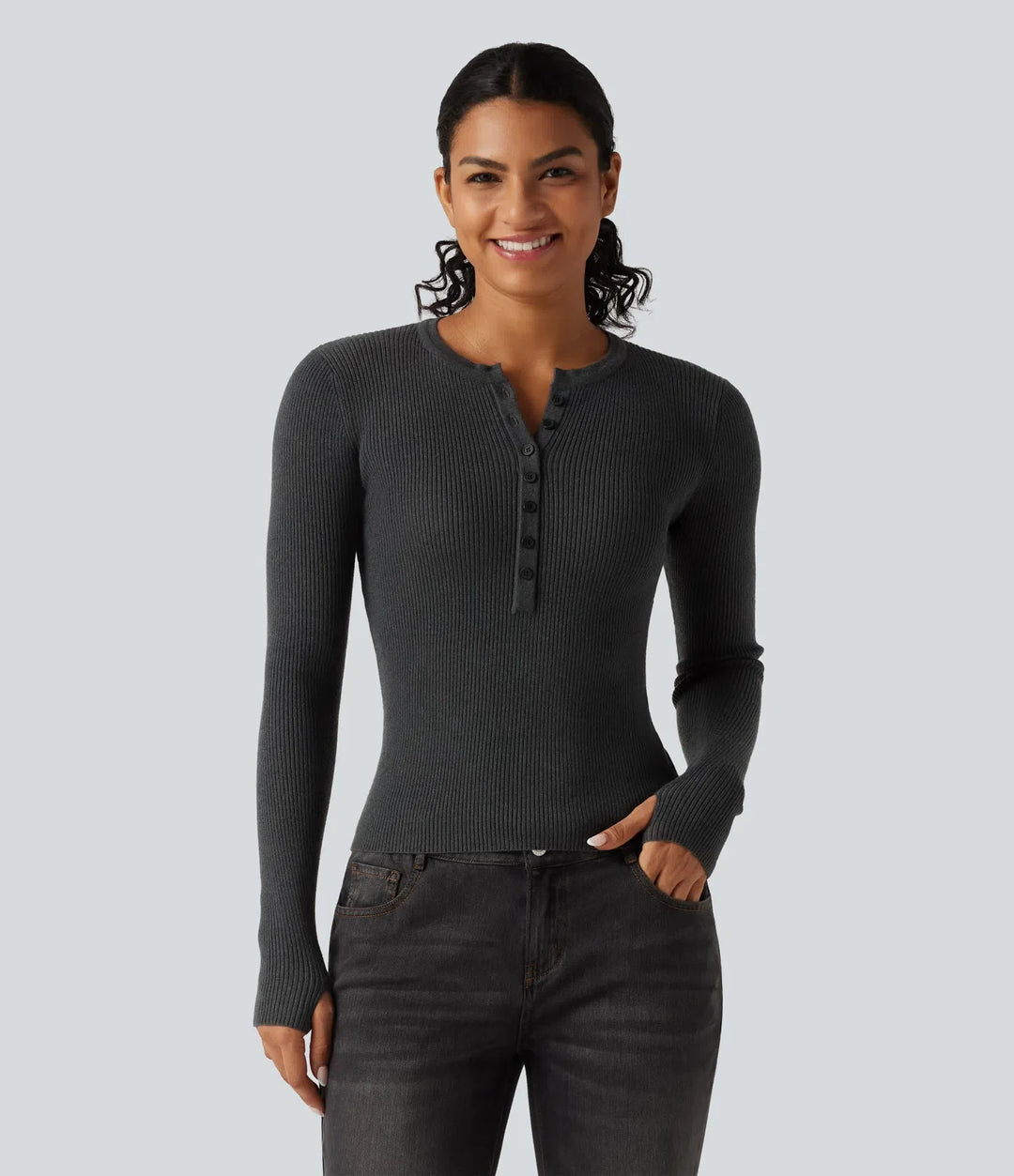 Henley Neck Long Sleeve Thumb Hole Work Wool-Blend Sweater