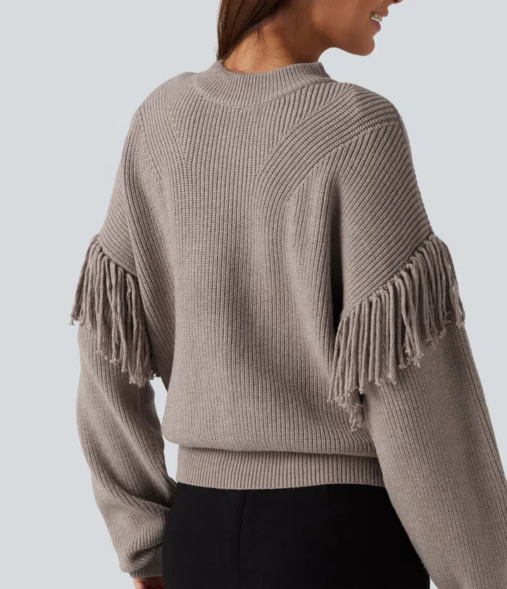 Round Neck Long Sleeve Fringe Work Sweater