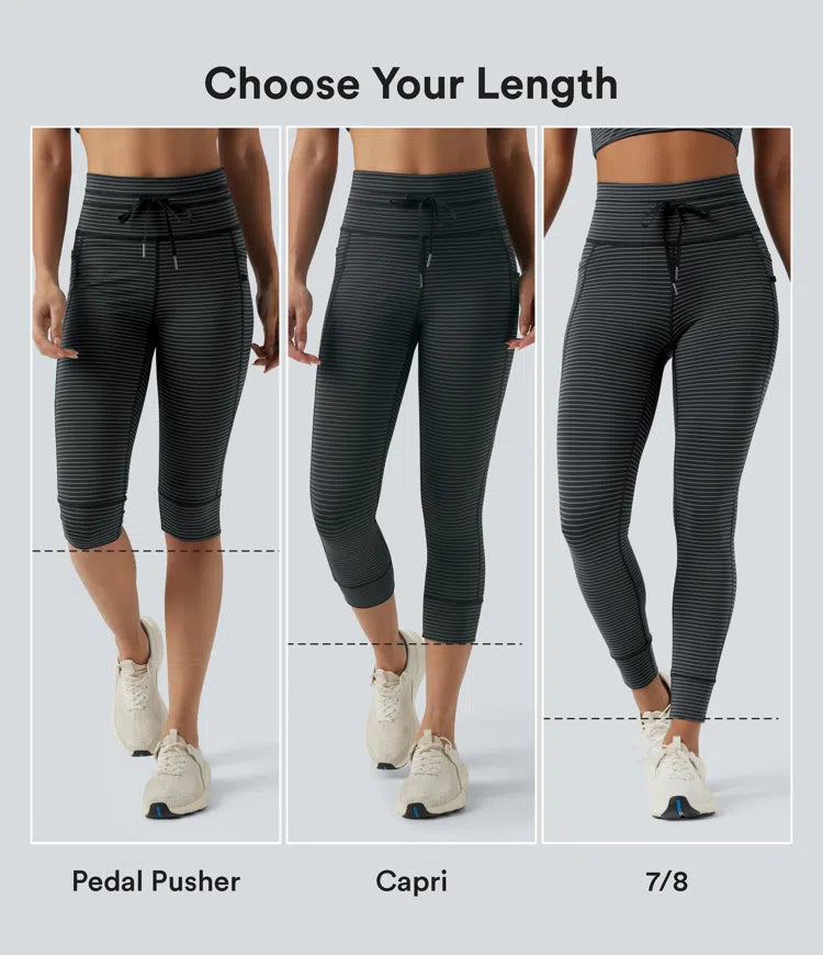 High Waisted Drawstring Striped Yoga Leggings with Pockets