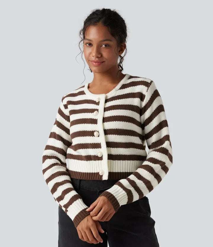 Round Neck Long Sleeve Stripe Work Cardigan