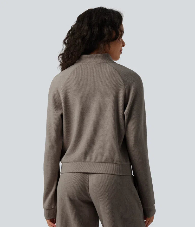 Ribbed Stand Collar Long Sleeve Zipper Casual Jacket with Pockets