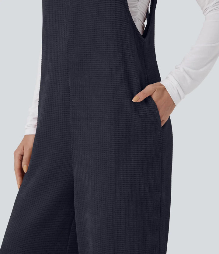 Tie Back Chenille Waffle Casual Overalls with Pockets